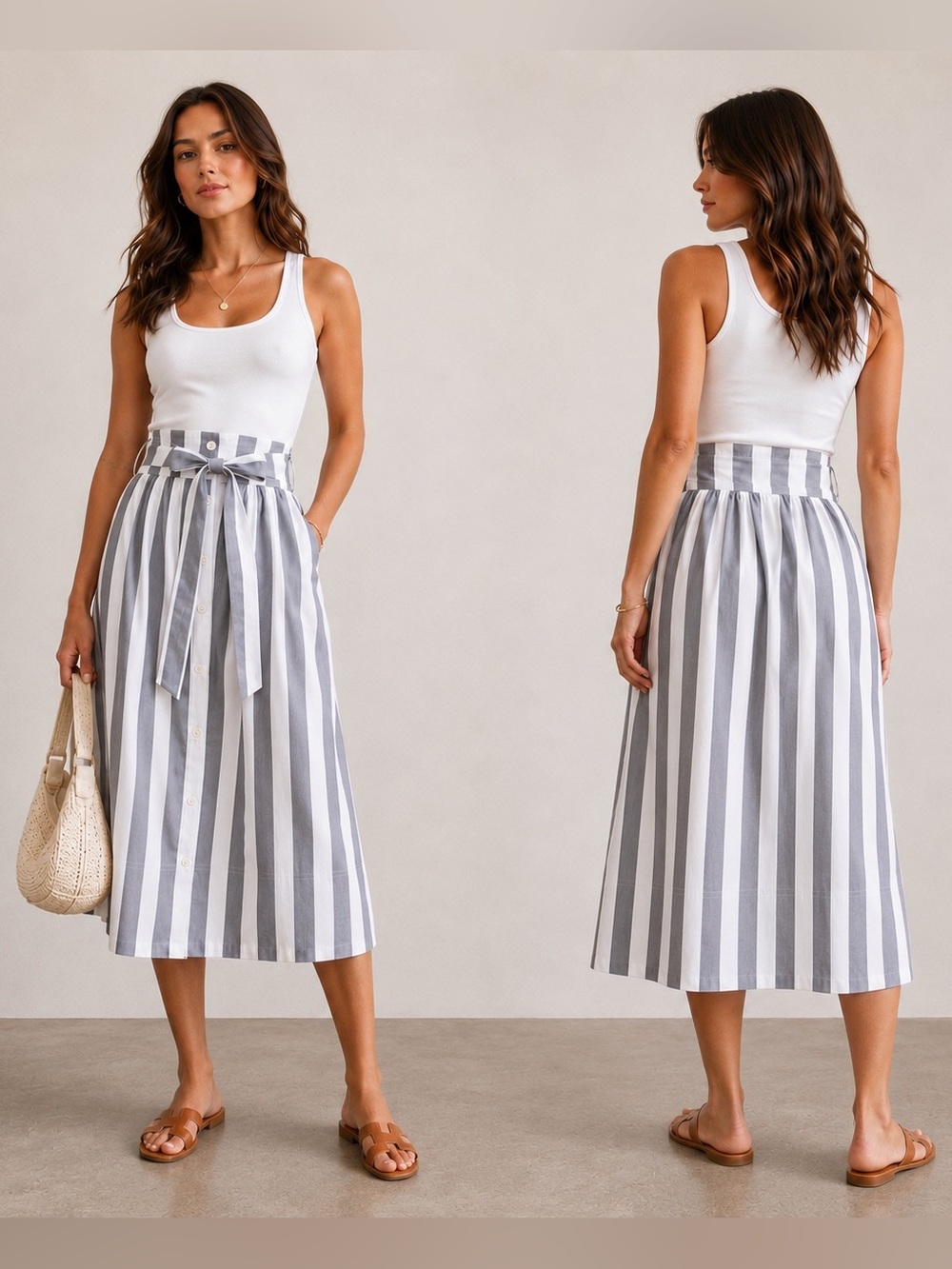 GAP Gray White Striped Tie Waist Button Front Midi Skirt Size 8 Cotton Pockets